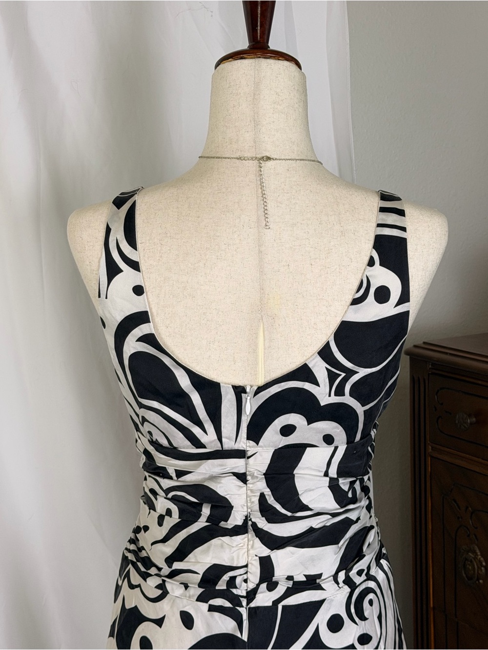 Vintage Silk Mica Black & White Swirl V-Neck Midi Dress - Y2K Goth Sleevless - Picture 5 of 8